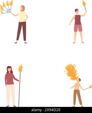 Collection of diverse characters holding fiery torches in a flat design illustration Stock Vector