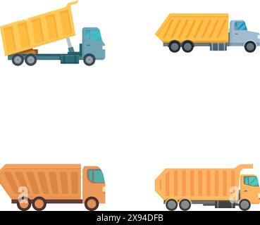 Collection of four colorful, vector illustrated dump trucks, isolated for easy use in design projects Stock Vector