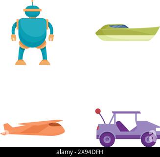 Collection of isolated vector icons featuring a robot, boat, airplane, and car Stock Vector