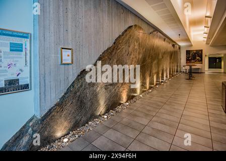 Impressive section of illuminated marble? wall at the Kvitnes Hotel in Balestrand, Stock Photo