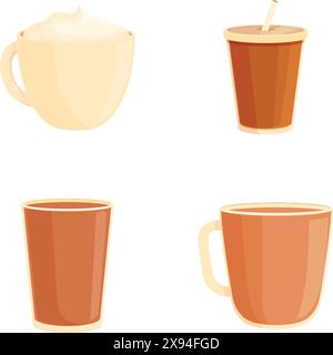 Collection of four cartoonstyle coffee cups, representing different coffee drinks Stock Vector