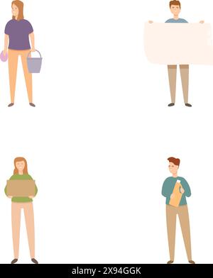 Collection of four minimalistic illustrations showing diverse people with different items Stock Vector