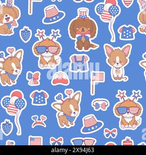 Seamless pattern with patriotic cartoon dog in accessories and clothing in colors American flag on blue background. Vector illustration for holiday In Stock Vector