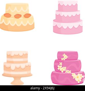 Colorful set of four vector illustrations depicting various wedding cake designs Stock Vector