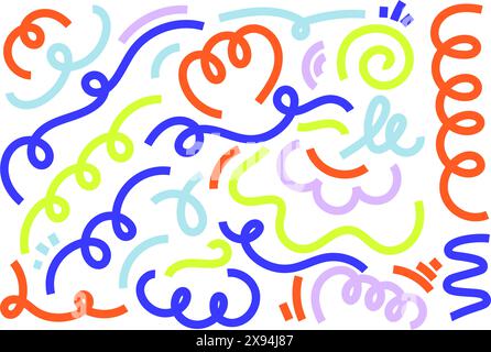 Abstract kids color lines on white background. Cute vector graphic design. Squiggle hand drown scribbles. Simple doodle random strokes. Stock Vector