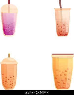 Vector illustrations of colorful bubble tea in various flavors with tapioca pearls Stock Vector