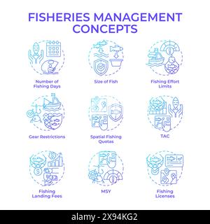 Fisheries management blue gradient concept icons Stock Vector