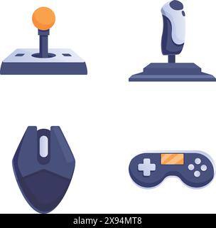 Vector illustrations of joystick, gamepad, gaming mouse, and flight stick Stock Vector