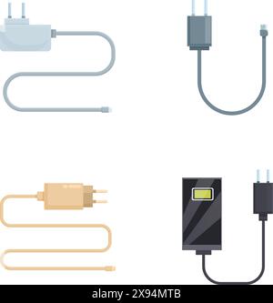 Collection of different types of power cables and chargers for electronic devices on white background Stock Vector
