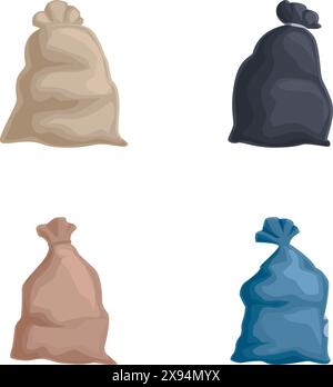 Illustration of four sacks in beige, black, brown, and blue, isolated on a white background Stock Vector