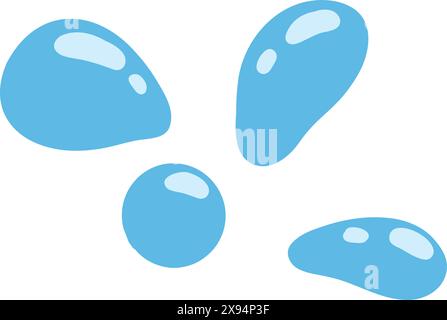 Cartoon blue dripping water drop, splash, spray and tear. Liquid flow, wave, stream and puddle. Nature water motion shape vector. Illustration of rain Stock Vector