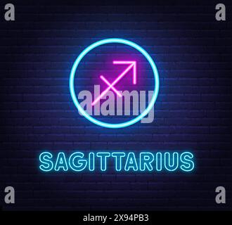 Neon Sagittarius Sign on brick wall background. Stock Vector