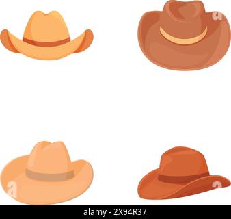 Collection of four different cartoonstyle cowboy hats, isolated on white background Stock Vector