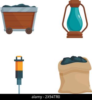 Collection of four miningrelated icons, including equipment and resources Stock Vector