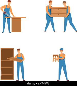 Professional movers working together to efficiently pack, carry, and transport furniture during a residential relocation Stock Vector