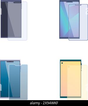 Vector illustrations of smartphones with various screen protectors on white background Stock Vector