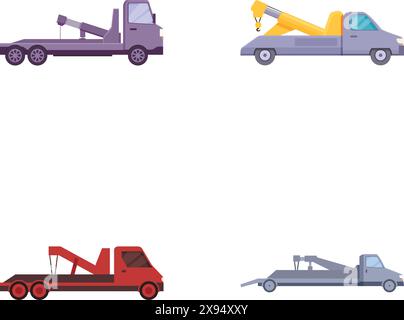 Collection of four colorful tow truck illustrations in flat design style, isolated on white Stock Vector