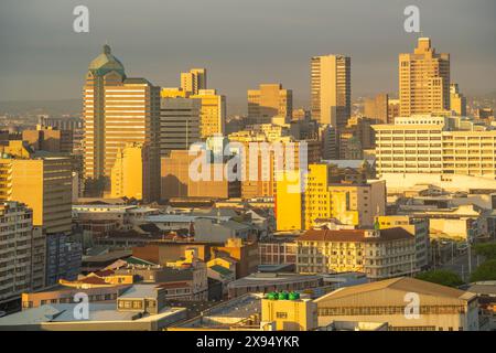 Elevated view of Durban city skyline at sunrise, Durban, KwaZulu-Natal Province, South Africa, Africa Stock Photo