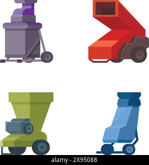 Collection of colorful, vector cartoon icons representing various industrial machines Stock Vector