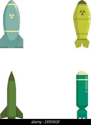 Set of various cartoonstyle missiles and bombs icons, ideal for military or strategy content Stock Vector