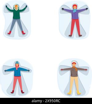 Set of four illustrated characters sporting colorful winter jackets and apparel Stock Vector