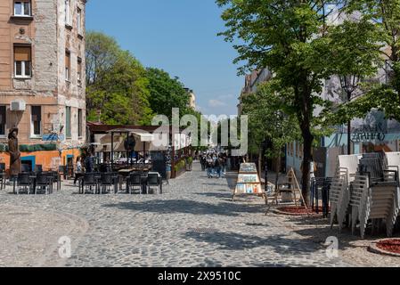 Skardarska street in the Bohemian district of Belgrade. Cobbled street with bars and restaurants. April 2024. Stock Photo