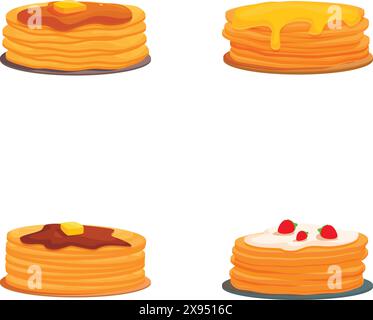 Delightful set of pancake stacks with different toppings like honey, chocolate, and berries Stock Vector