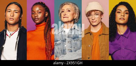 A vibrant display of diversity, featuring close-up portraits of five individuals against strikingly colorful backdrops. Stock Photo