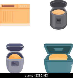 Collection of four colorful icons representing different kitchen appliances on a white background Stock Vector