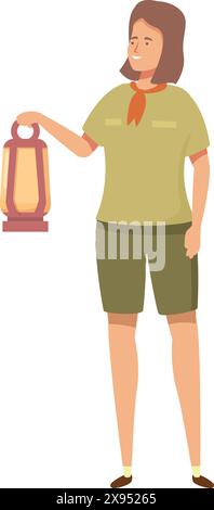 A smiling female camper in casual attire holding a vintage lantern, isolated on a white background Stock Vector