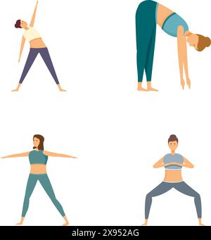 Collection of vector illustrations showcasing individuals in various yoga poses with a minimalist design Stock Vector