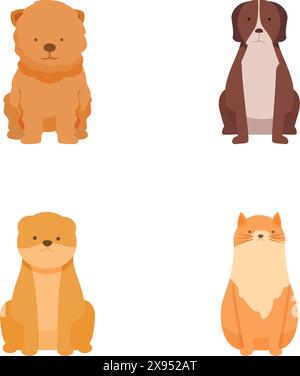 Collection of four adorable cartoon pet illustrations featuring two dogs and two cats in a flat design style Stock Vector