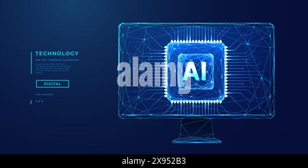 AI chip on the empty computer monitor. AI innovation concept. Stock Vector