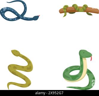 Set of four different cartoon snake illustrations isolated on a white background Stock Vector