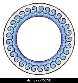 Round mosaic frame with sea waves, circle in portuguese style with decorative wavy curls, greek ornament, vector Stock Vector