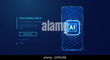 Abstract digital light blue AI chip on the empty smartphone screen. Stock Vector