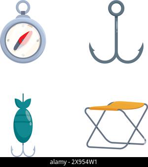 Collection of colorful fishing related icons including a compass, hook, lure, and folding stool Stock Vector