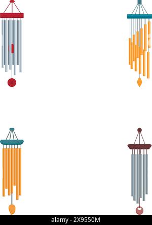 Illustration featuring four different designs of colorful wind chimes isolated on a white background Stock Vector