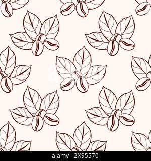 Pattern coffee beans on coffee leaves, doodle stylized contour drawing. Vector illustration Stock Vector