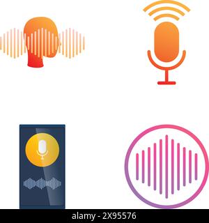Set of four modern, colorful icons representing podcasting and voice recording Stock Vector