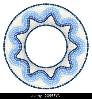 Circle mosaic ornament with wavy border, round frame in portuguese pattern with wave line, vector Stock Vector