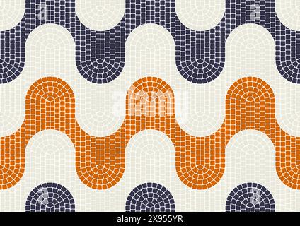 Mosaic paving tile with seamless wavy pattern, waves tessellation in portuguese style, mosaic pavement, vector Stock Vector