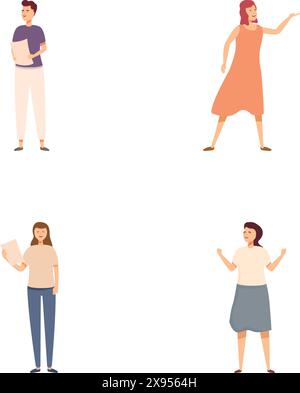 Collection of four illustrated characters showcasing different poses and emotions Stock Vector