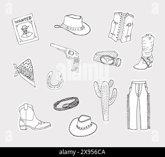 Set of cowboy objects. Collection of wild-west items boots, cactus, horseshoe, cowboy hat, boots, gun, and bandana. Western theme. Hand-drawn vector i Stock Vector