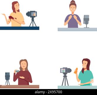 Wide variety of diverse vloggers creating engaging and compelling multimedia content with the use of microphones, cameras, and other digital equipment for online media and social networking Stock Vector