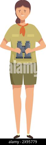 Illustration of a young woman in adventure gear holding binoculars, ready to explore Stock Vector