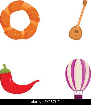 A colorful collection of vector icons including a bagel, guitar, chili pepper, and hot air balloon Stock Vector