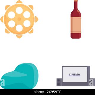 Four distinct icons representing weather, beverage, comfort, and entertainment Stock Vector