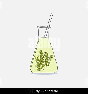 Hand drawn Erlenmeyer flask filled big sea grapes seaweed (Caulerpa racemosa) algae and transparent liquid on a white background. Natural drawing grap Stock Vector