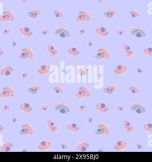 Seashells scallops in blue, lilac and pink colors on a lilac background. Watercolor illustration. Seamless pattern. For fabrics, textiles and wallpape Stock Photo